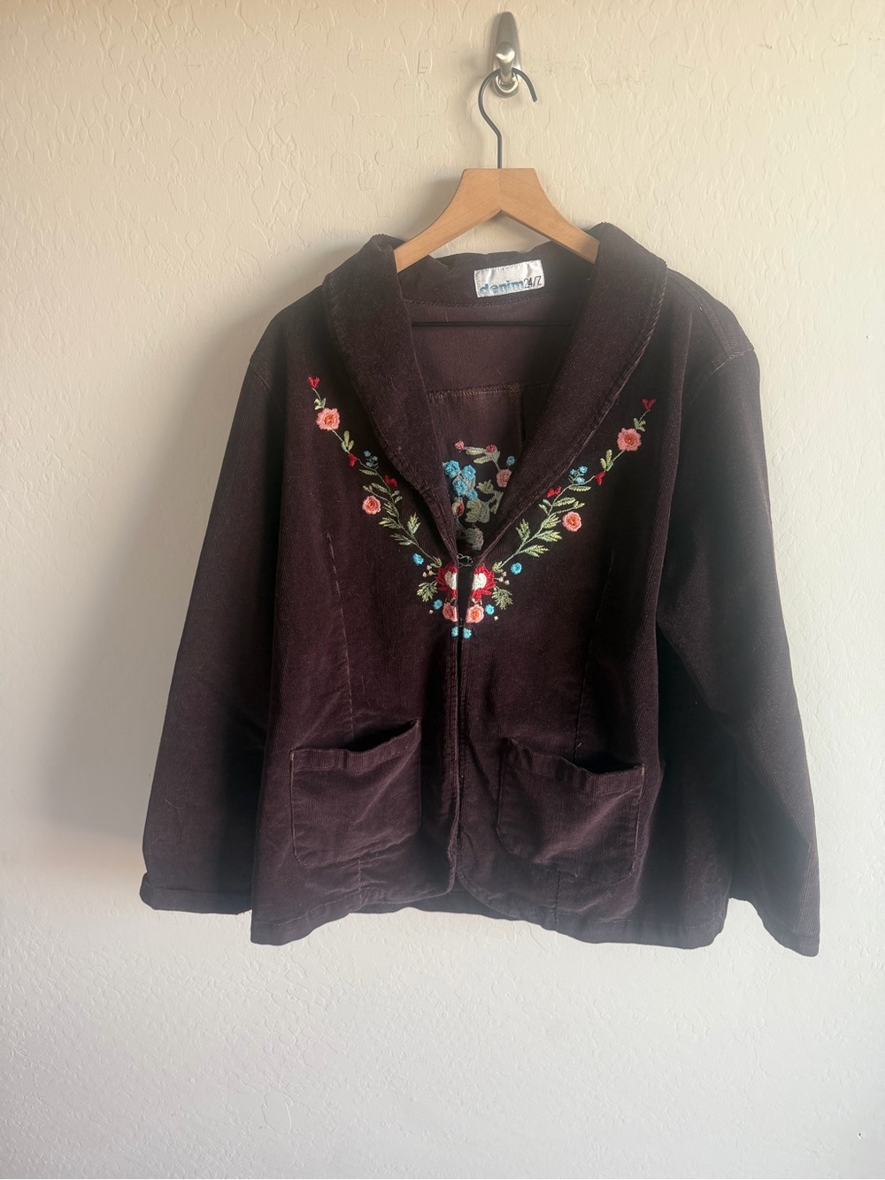 VTG Boho Embroidered Corduroy Shawl Collar Jacket Floral Cottagecore Prairie Y2K